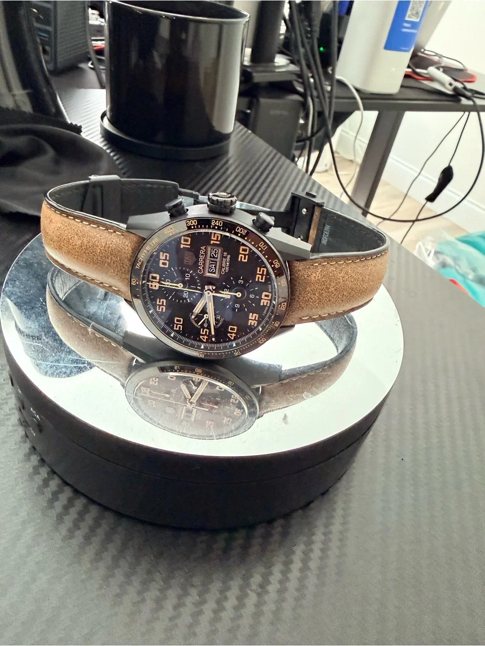 Tag Heuer Blue Dial Chronograph with Brown Leather Strap and Black Rubber Extras
